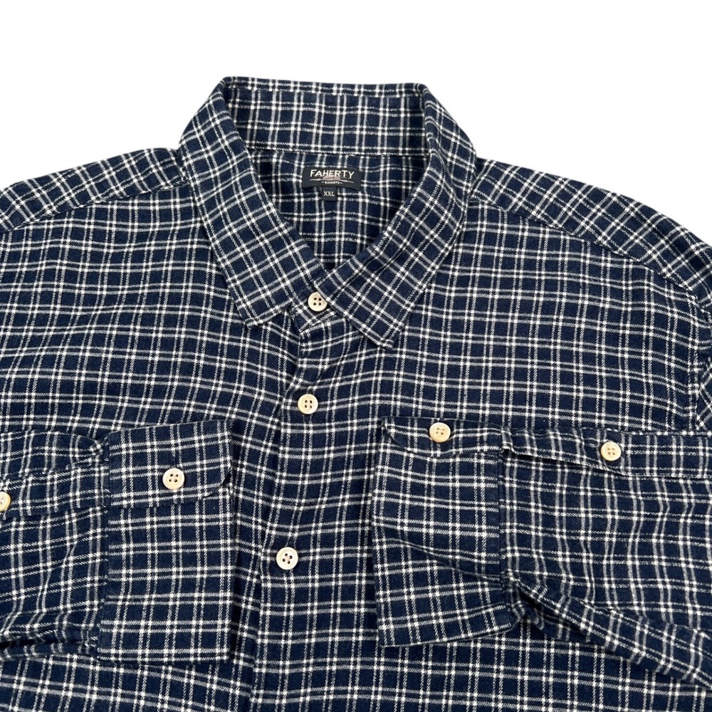 Faherty Reserve Shirt Mens XXL Navy Blue White Plaid Long Sleeve Button Up